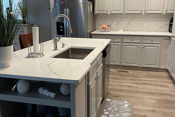 White quartz countertop on a kitchen island