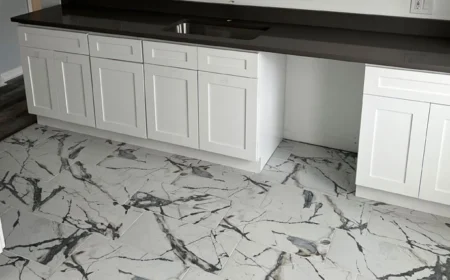A freshly installed tile floor with marbled pattern