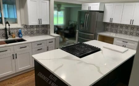 A closeup of a new installed Marble island