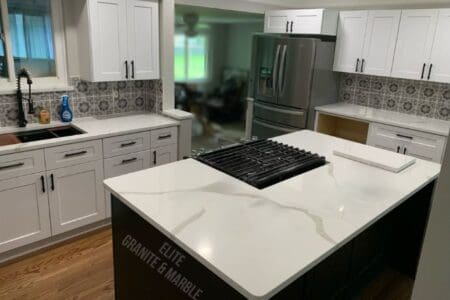 A closeup of a new installed Marble island